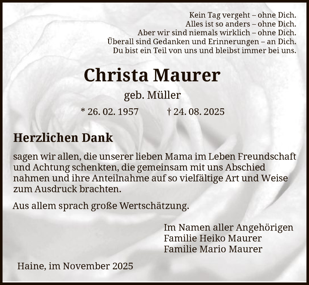  Traueranzeige für Christa Maurer vom 08.11.2025 aus HNA
