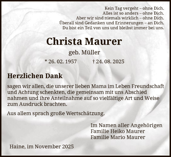 Traueranzeige von Christa Maurer von HNA