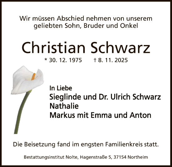 Traueranzeige von Christian Schwarz von HNA