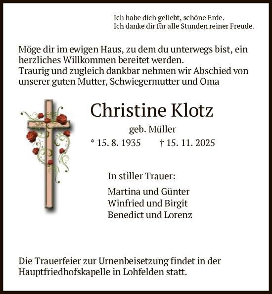 Traueranzeige von Christine Klotz von HNA