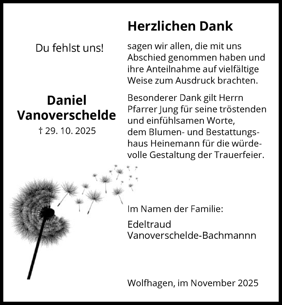  Traueranzeige für Daniel Vanoverschelde vom 22.11.2025 aus HNA