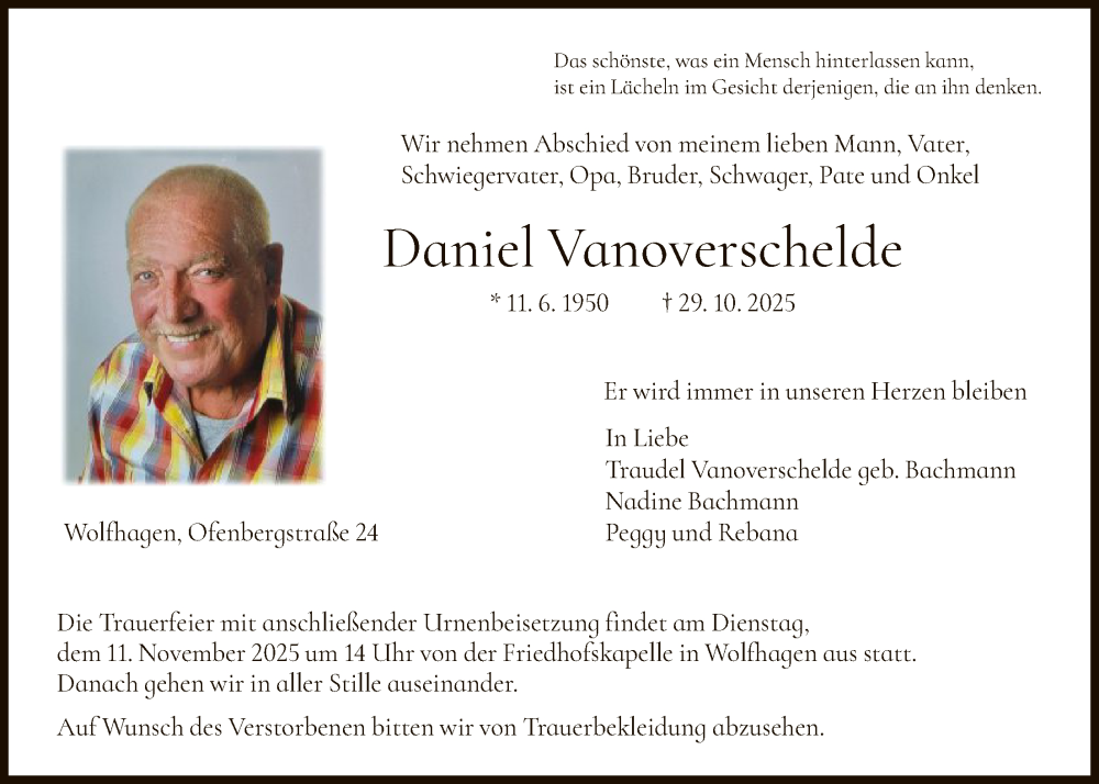  Traueranzeige für Daniel Vanoverschelde vom 08.11.2025 aus HNA
