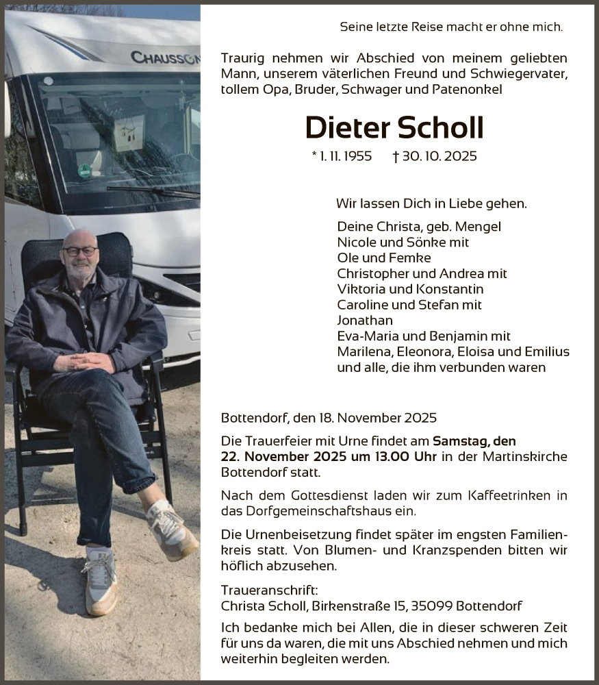  Traueranzeige für Dieter Scholl vom 18.11.2025 aus HNA