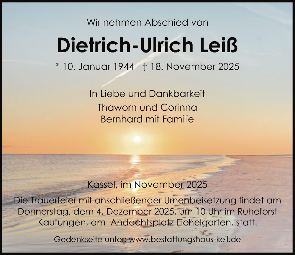  Traueranzeige für Dietrich-Ulrich Leiß vom 28.11.2025 aus HNA