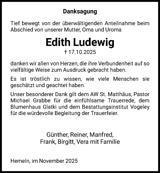 Traueranzeige von Edith Ludewig von HNA
