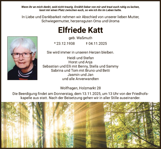 Traueranzeige von Elfriede Katt von HNA
