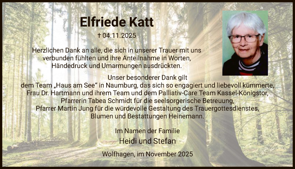  Traueranzeige für Elfriede Katt vom 22.11.2025 aus HNA