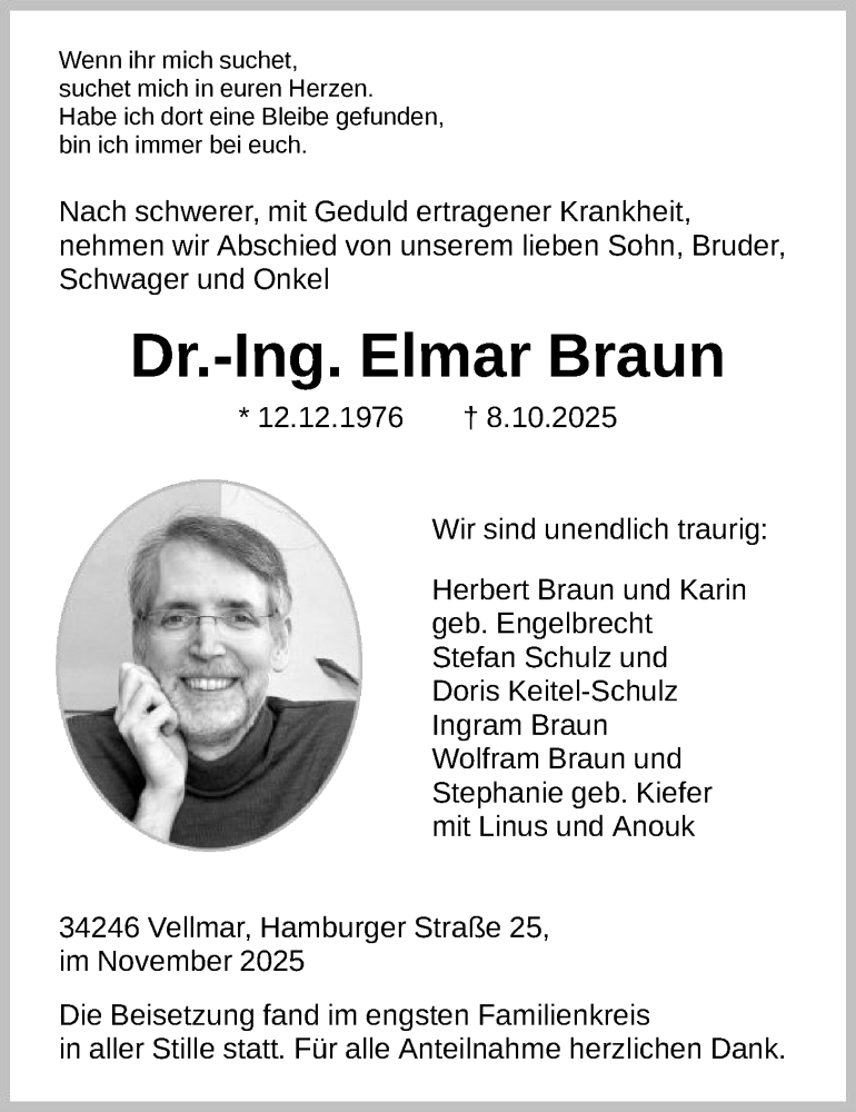  Traueranzeige für Elmar Braun vom 08.11.2025 aus HNA