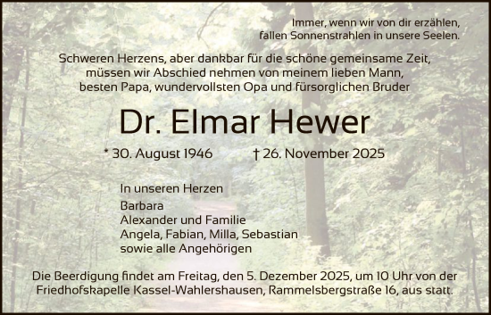 Traueranzeige von Elmar Hewer von HNA