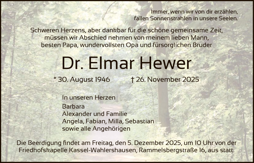  Traueranzeige für Elmar Hewer vom 29.11.2025 aus HNA