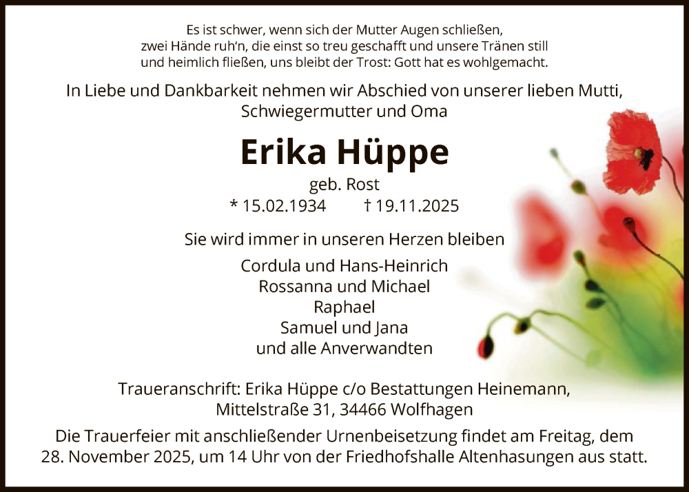  Traueranzeige für Erika Hüppe vom 22.11.2025 aus HNAHNA