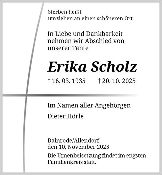 Traueranzeige von Erika Scholz von HNA