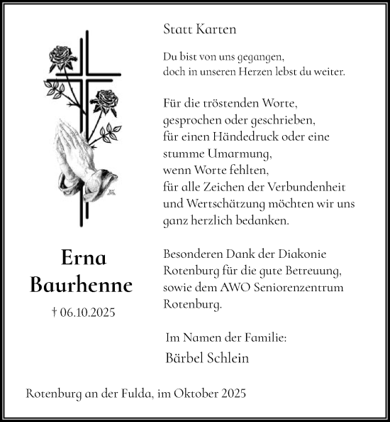 Traueranzeige von Erna Baurhenne von HNAHN