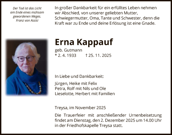 Traueranzeige von Erna Kappauf von HNA