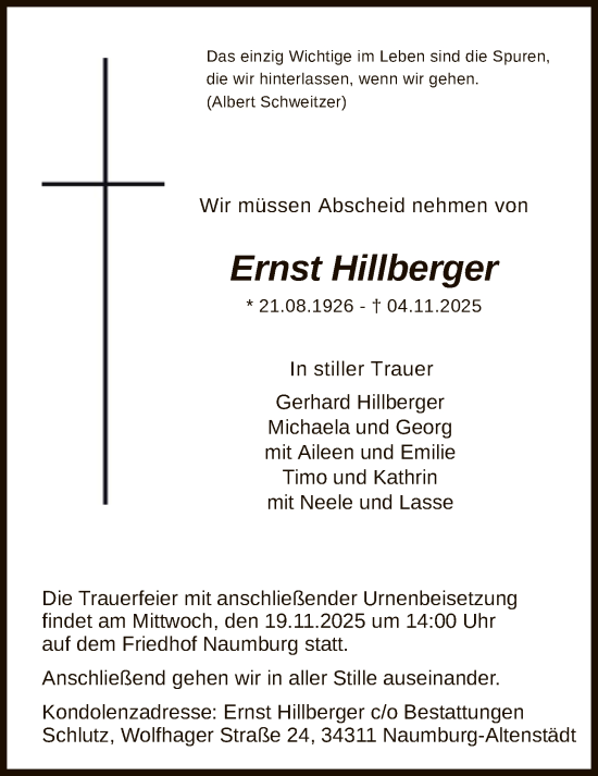 Traueranzeige von Ernst Hillberger von HNA