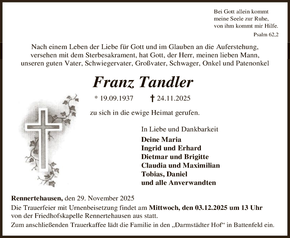  Traueranzeige für Franz Tandler vom 29.11.2025 aus HNA