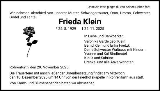 Traueranzeige von Frieda Klein von HNAHNA
