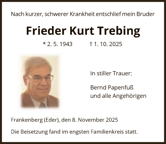 Traueranzeige von Frieder Kurt Trebing von HNA