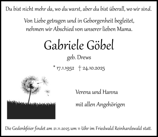 Traueranzeige von Gabriele Göbel von HNA