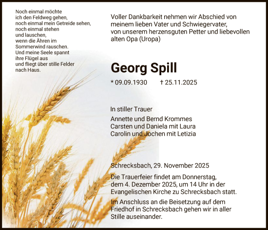 Traueranzeige von Georg Spill von HNA