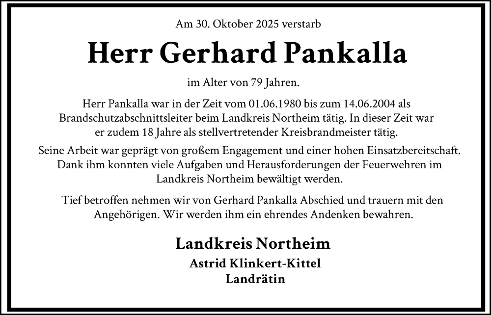  Traueranzeige für Gerhard Pankalla vom 13.11.2025 aus HNA