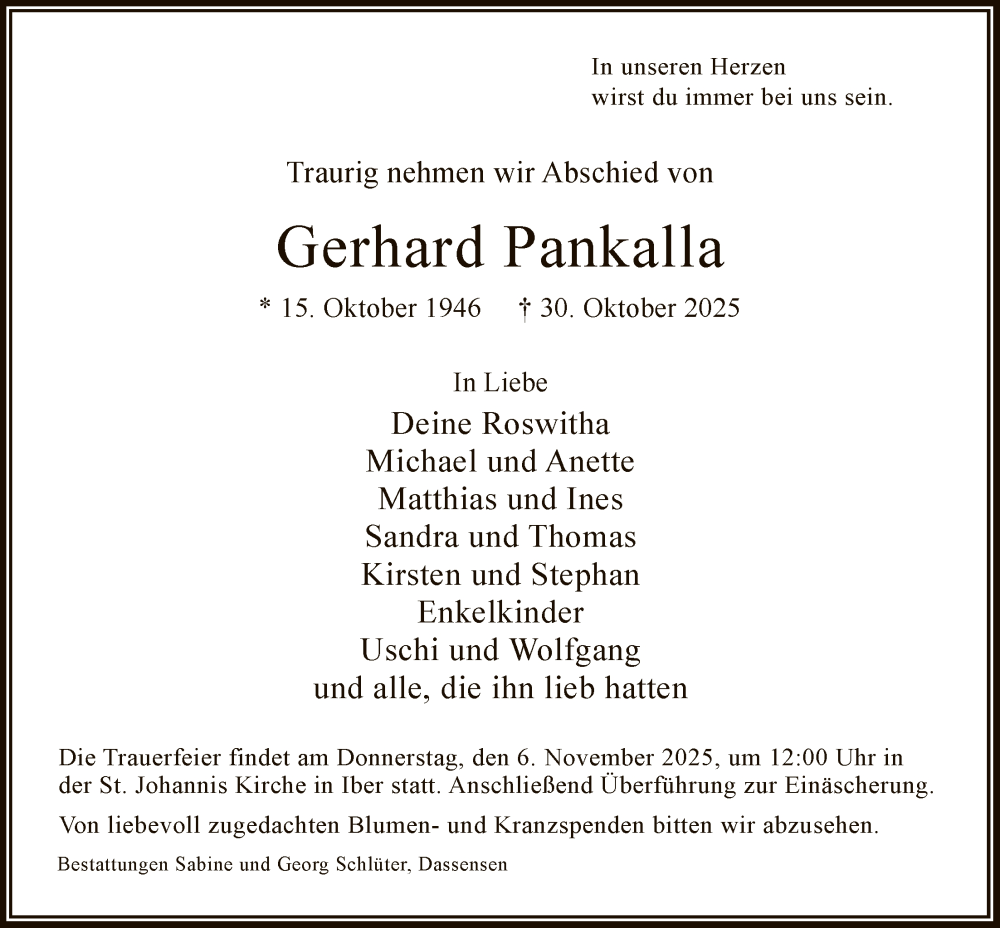  Traueranzeige für Gerhard Pankalla vom 04.11.2025 aus HNA