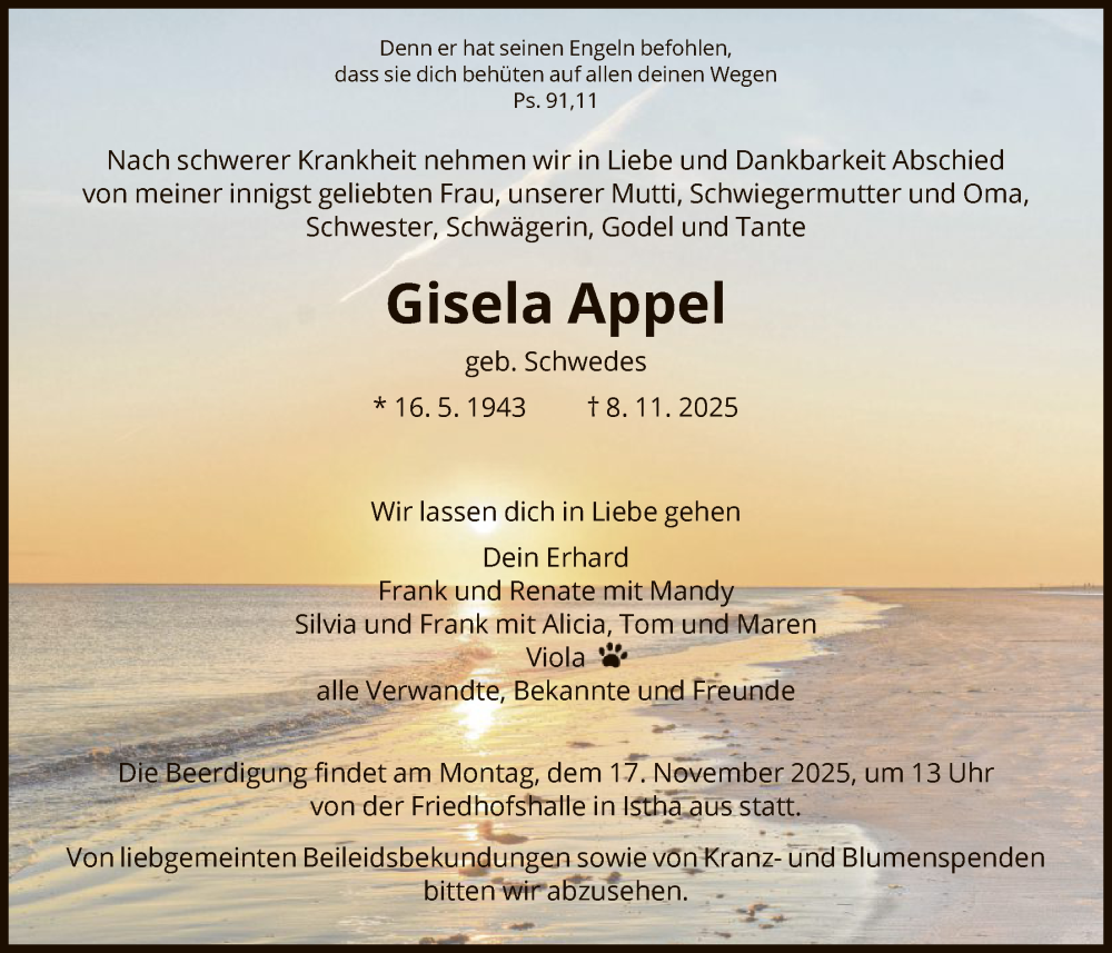  Traueranzeige für Gisela Appel vom 12.11.2025 aus HNA