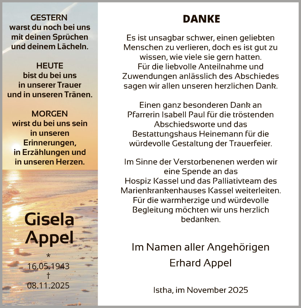  Traueranzeige für Gisela Appel vom 29.11.2025 aus HNA