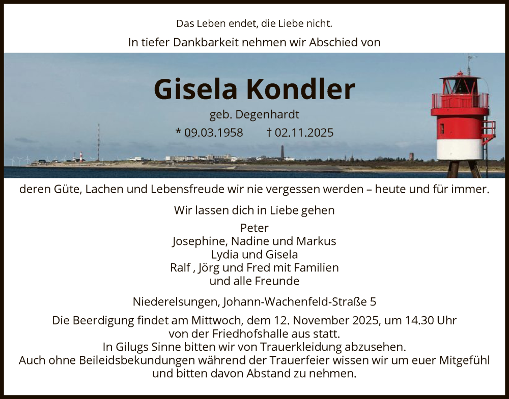  Traueranzeige für Gisela Kondler vom 08.11.2025 aus HNA