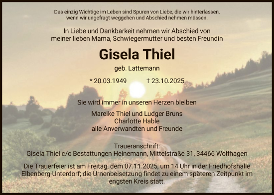 Traueranzeige von Gisela Thiel von HNA
