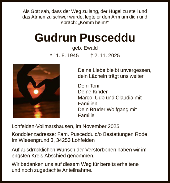 Traueranzeige von Gudrun Pusceddu von HNA