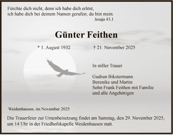 Traueranzeige von Günter Feithen von WRSHNA