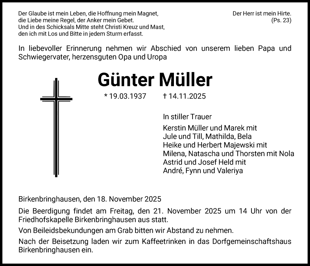  Traueranzeige für Günter Müller vom 18.11.2025 aus HNA