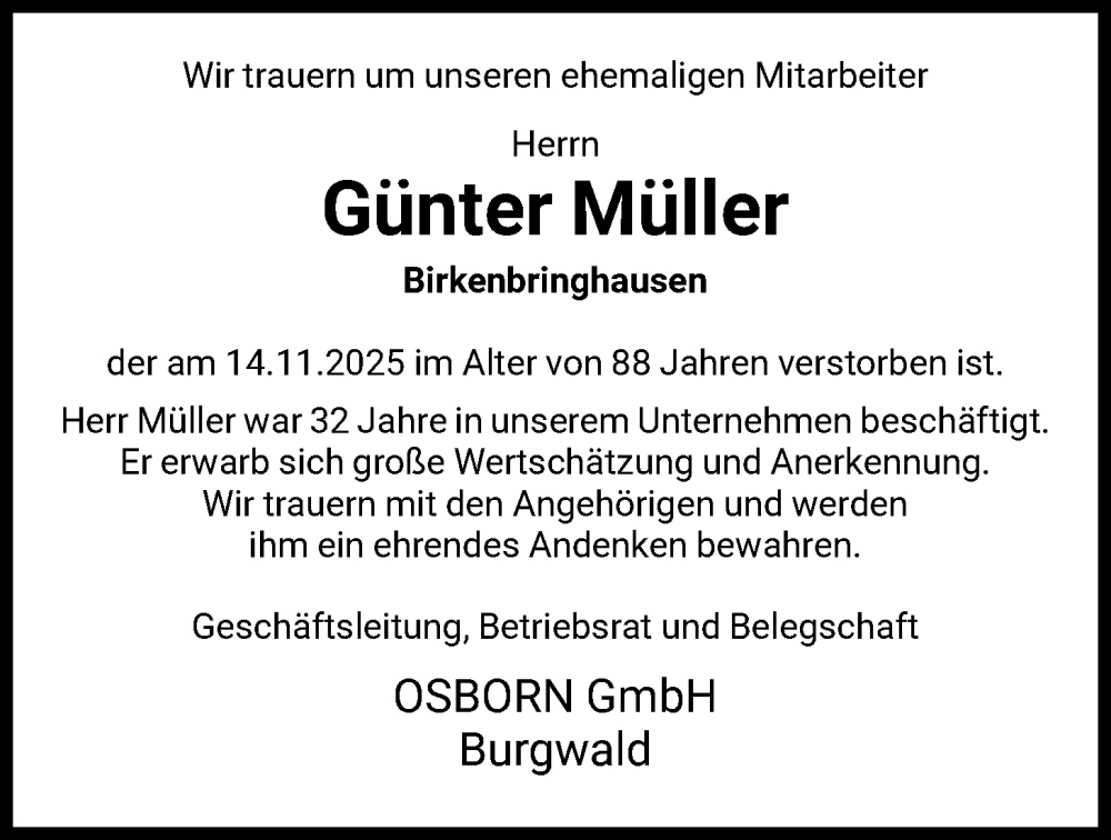  Traueranzeige für Günter Müller vom 26.11.2025 aus HNA