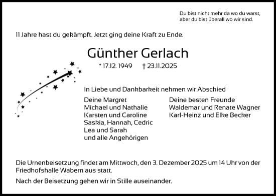 Traueranzeige von Günther Gerlach von HNA