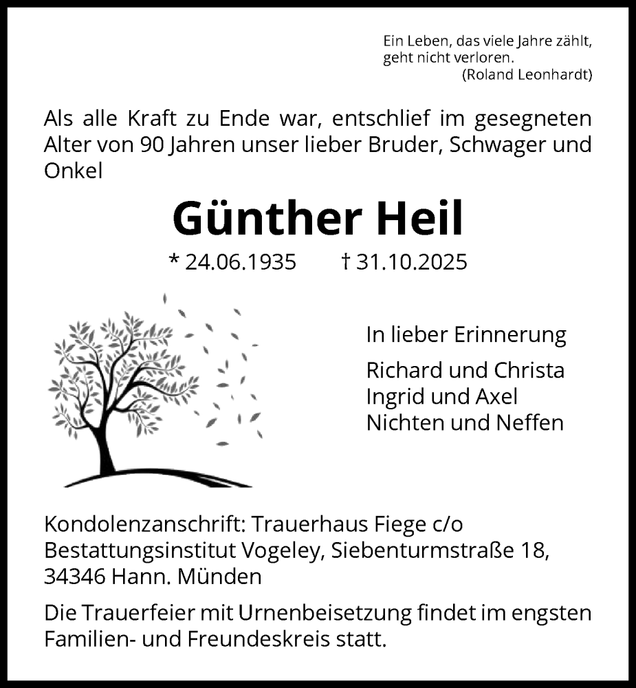  Traueranzeige für Günther Heil vom 08.11.2025 aus HNA