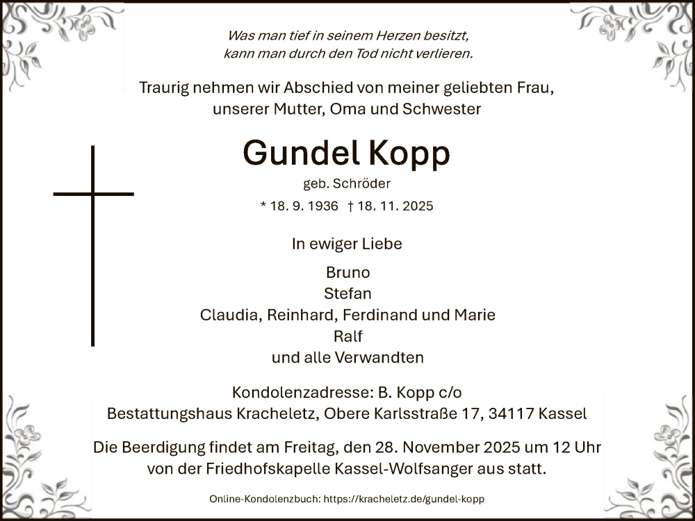  Traueranzeige für Gundel Kopp vom 22.11.2025 aus HNA