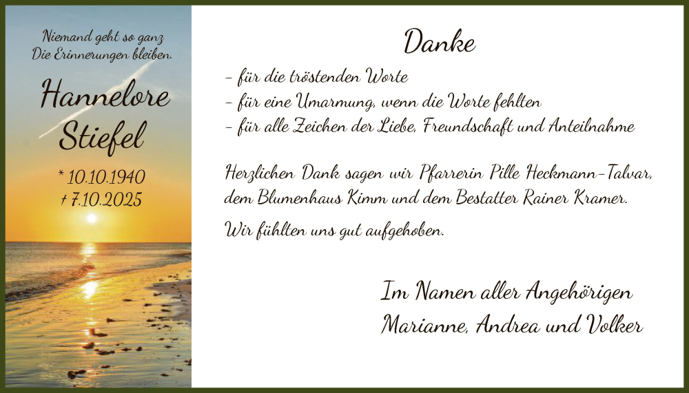  Traueranzeige für Hannelore Stiefel vom 08.11.2025 aus HNA