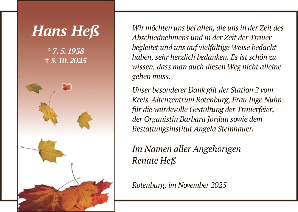  Traueranzeige für Hans Heß vom 22.11.2025 aus HNA