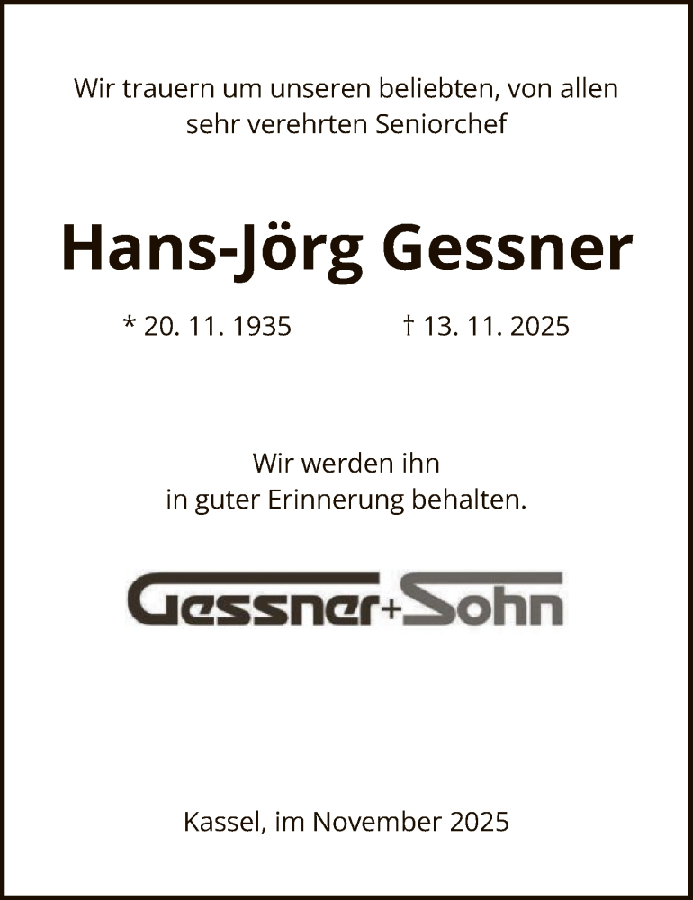  Traueranzeige für Hans-Jörg Gessner vom 29.11.2025 aus HNAHNA