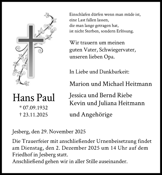 Traueranzeige von Hans Paul von HNA