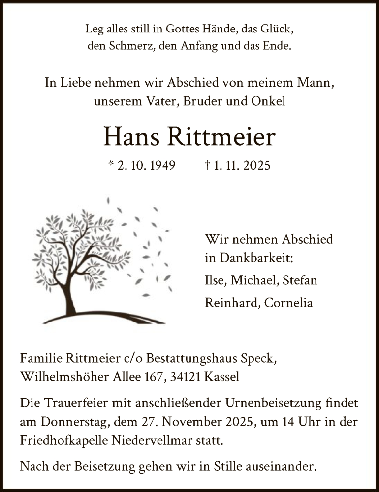  Traueranzeige für Hans Rittmeier vom 15.11.2025 aus HNA