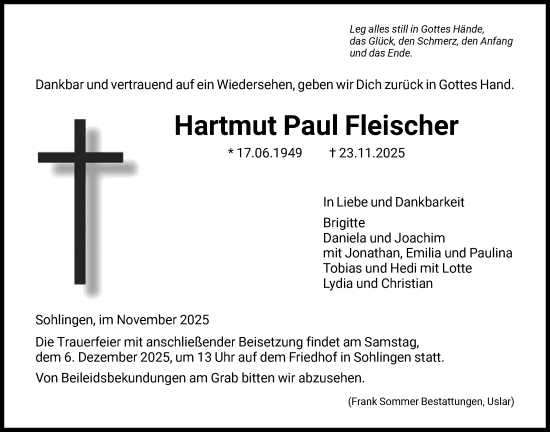 Traueranzeige von Hartmut Paul Fleischer von HNA