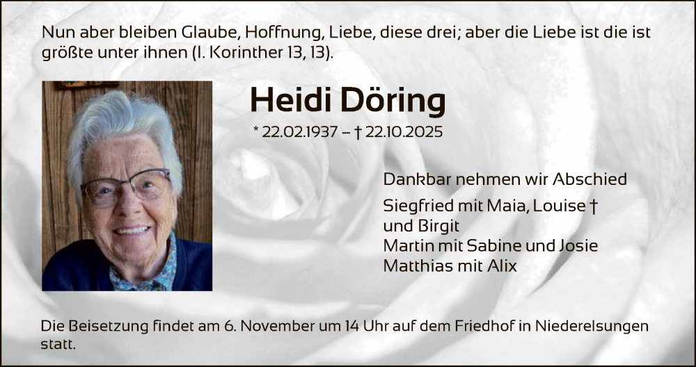 Traueranzeige für Heidi Döring vom 01.11.2025 aus HNAHNAHNA