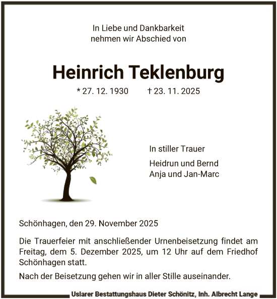 Traueranzeige von Heinrich Teklenburg von HNA