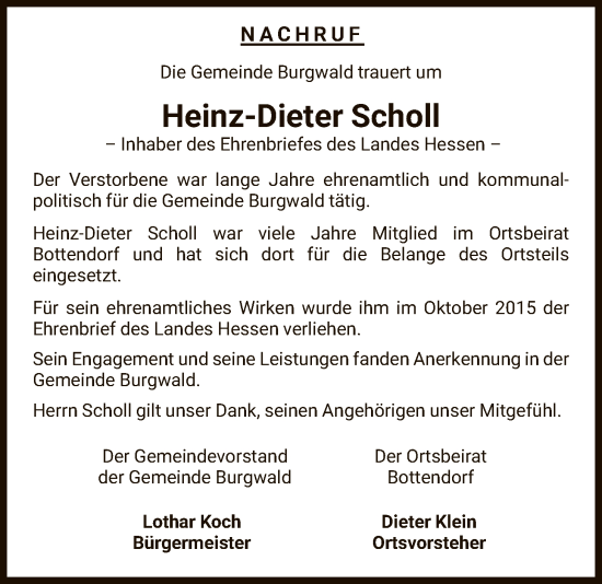 Traueranzeige von Heinz-Dieter Scholl von HNA
