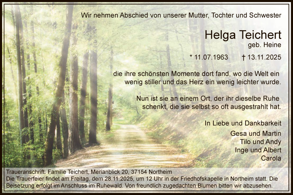  Traueranzeige für Helga Teichert vom 15.11.2025 aus HNA