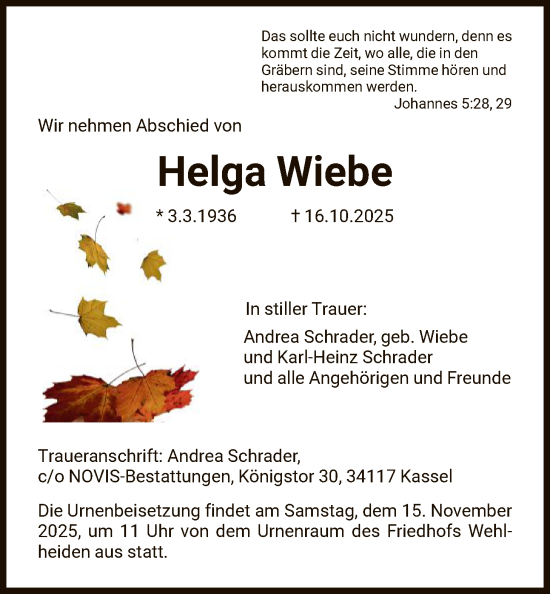 Traueranzeige von Helga Wiebe von HNA