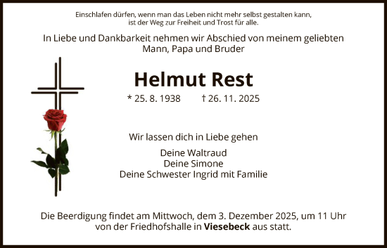 Traueranzeige von Helmut Rest von HNA
