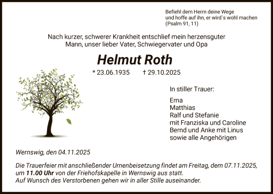 Traueranzeige von Helmut Roth von HNAHNA